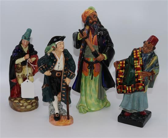 4 Royal Doulton figures- Long John Silver, Carpet Seller, The Pied Piper and Blue Beard